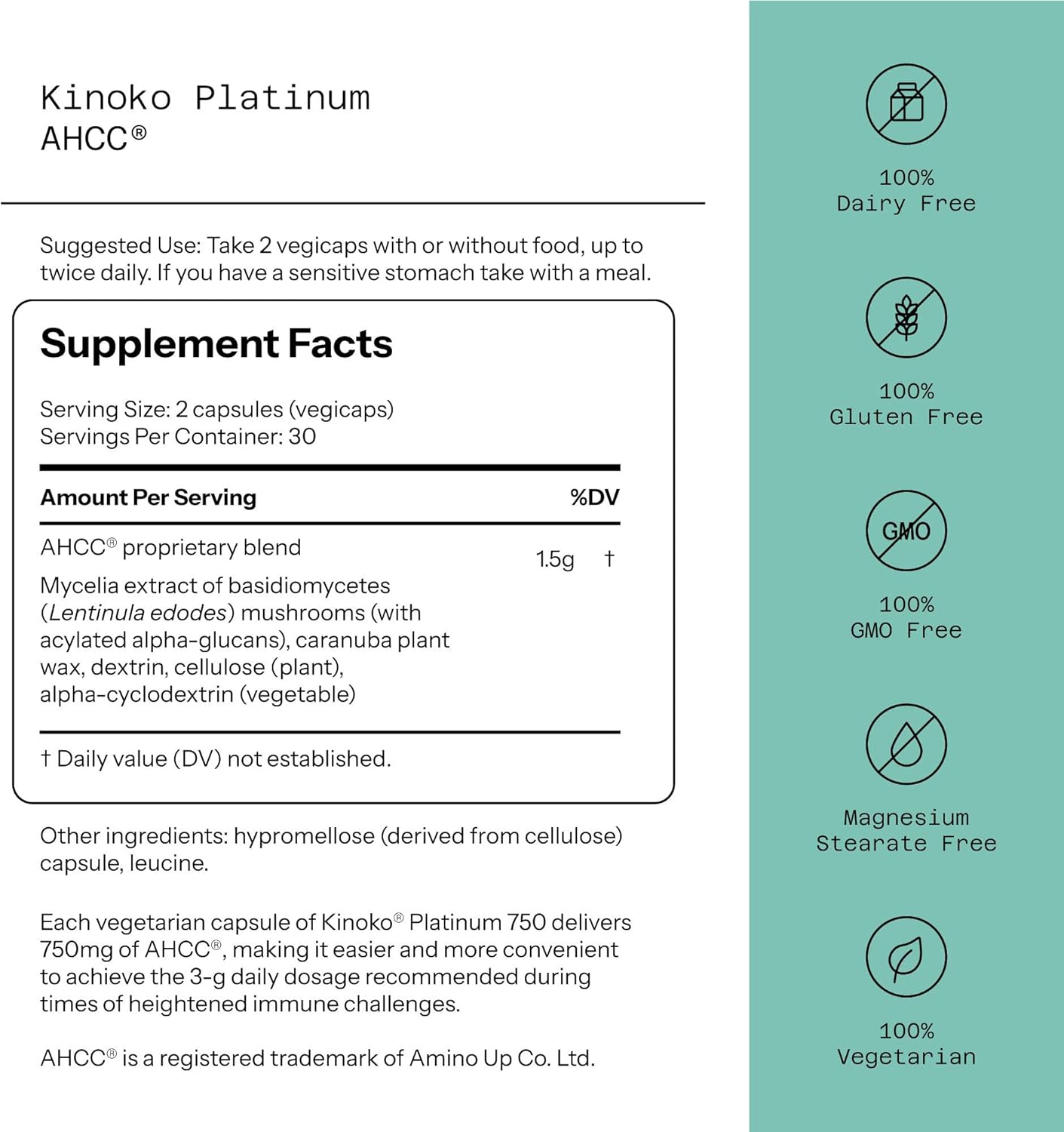 Quality of Life Kinoko Platinum AHCC With Acylated Alpha-Glucans 60 Capsules