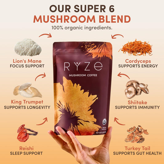RYZE Superfoods Organic Mushroom Coffee with 6 Adaptogenic Mushrooms & MCT Oil | Lion’s Mane & Turkey Tail for Clean Energy & Focus – 30 Servings