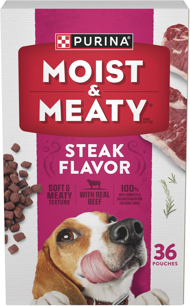 Purina Moist & Meaty Soft Dog Food – Steak Flavor (36 Individual Pouches)