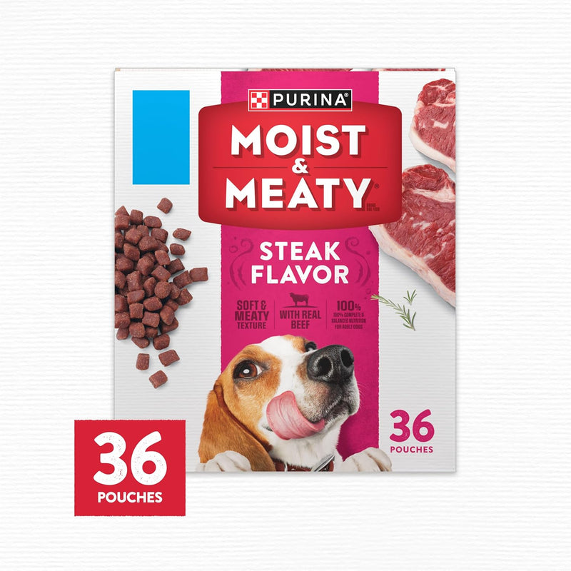 Purina Moist & Meaty Soft Dog Food – Steak Flavor (36 Individual Pouches)