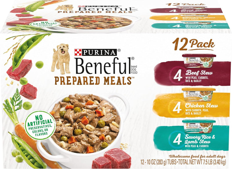 Purina Beneful Wet Dog Food Variety Pack – Prepared Meals Stew in Gravy (12 Tubs, 10 oz Each)