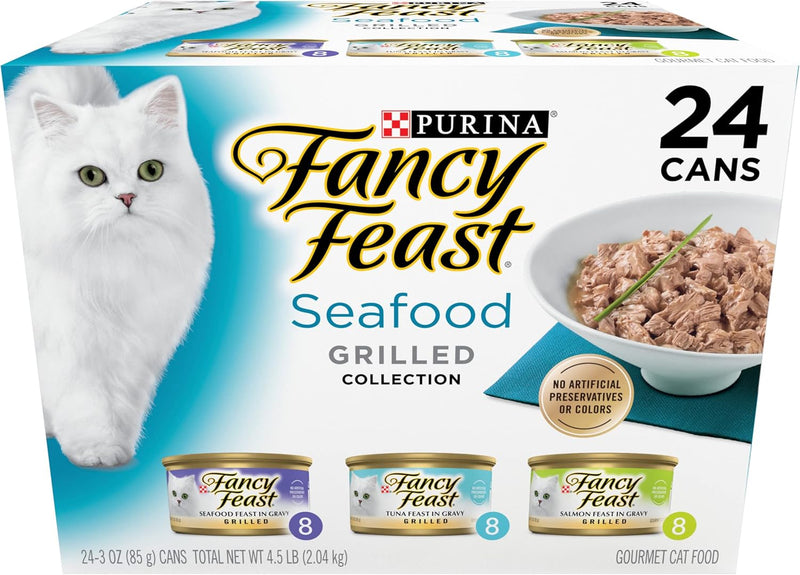 Purina Fancy Feast Grilled Wet Cat Food – Seafood Collection (24-Pack, 3 oz Cans)