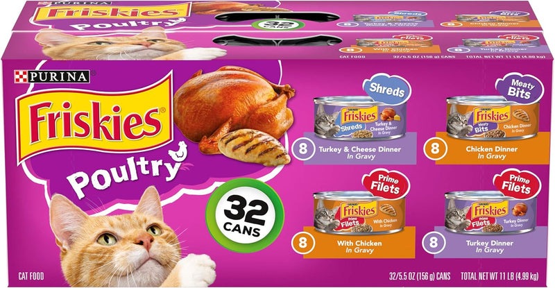 Purina Friskies Wet Cat Food Variety Pack – Poultry, Meaty & Prime Filets (32 Cans, 5.5 oz)