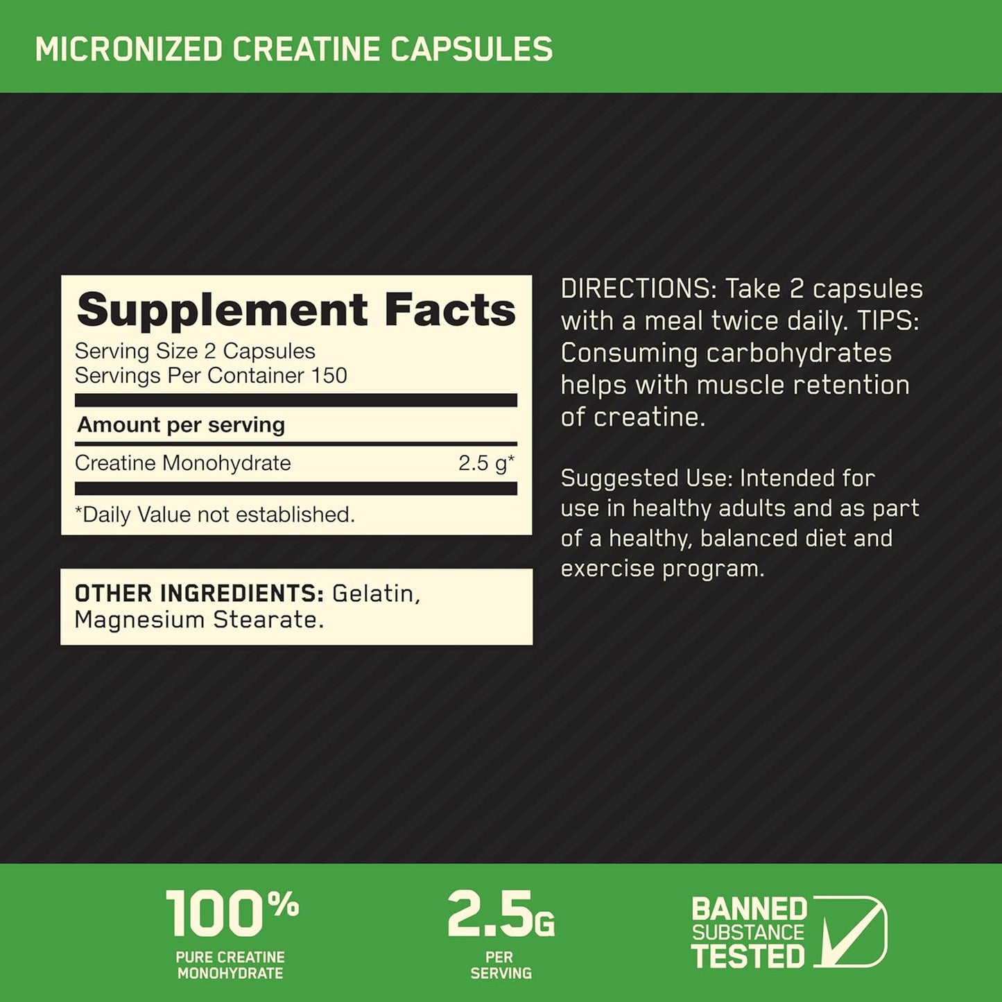 Optimum Nutrition Micronized Creatine Monohydrate – 2500mg Keto-Friendly Capsules, 300 Count