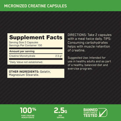 Optimum Nutrition Micronized Creatine Monohydrate – 2500mg Keto-Friendly Capsules, 300 Count