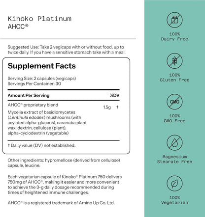Quality of Life Kinoko Platinum AHCC Herbal Supplement – 750mg, Veggie Capsules for Daily Wellness & Immune System Support (60 Count)