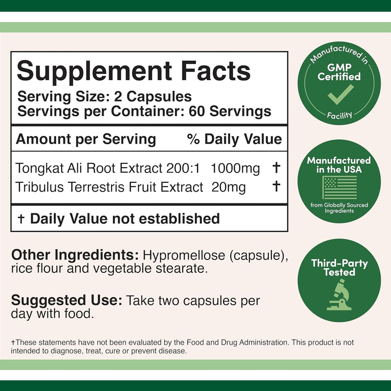 Tongkat Ali Extract for Men – Natural Testosterone and Energy Booster 120 Count - GREEN MART LAND