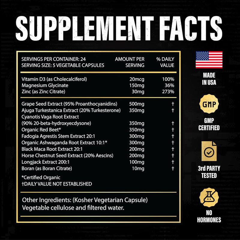 Testosterone Support for Men - Male Enhancing Supplements & Vitality Pills - 120 Count - GREEN MART LAND