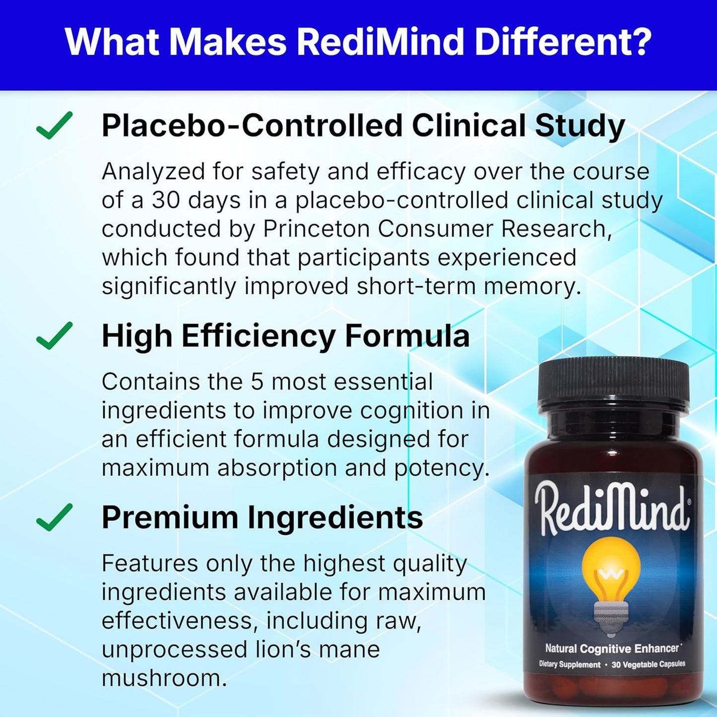 Redimind Natural Cognitive Support Capsules – Vegan, Non-GMO, Gluten-Free Nootropic Supplement (30 Count)