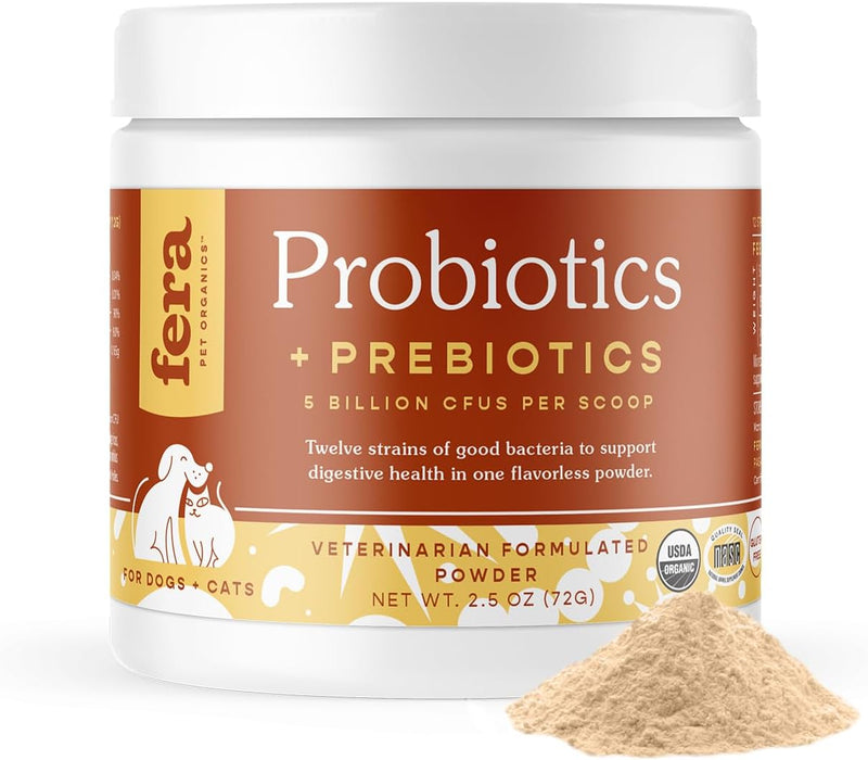 Fera Pet Organics Probiotics for Dogs & Cats – 12 Strains & Prebiotics for Digestion, 60 Scoops, Vet Created