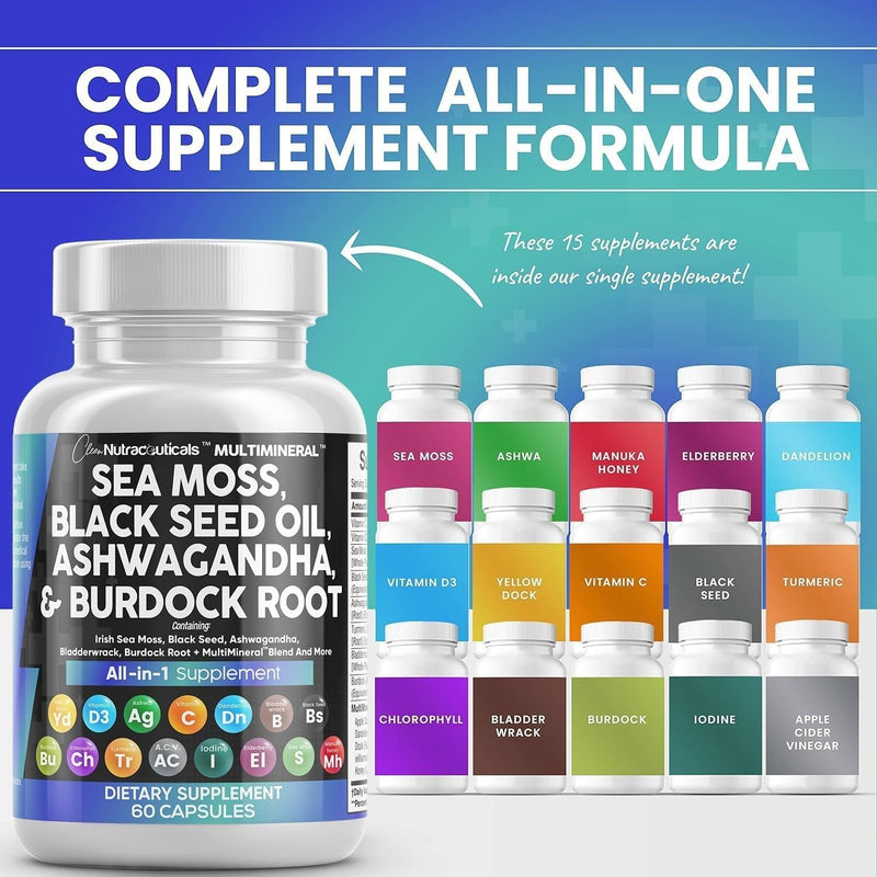 Clean Nutraceuticals Sea Moss Black Seed Oil Ashwagandha – Ultimate Superfood Blend for Wellness