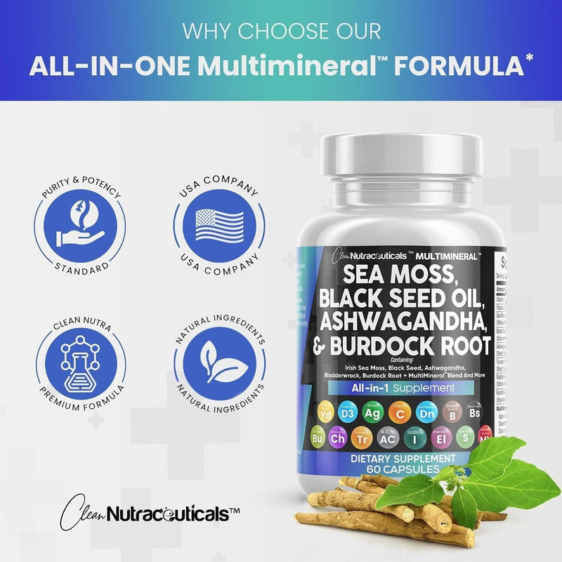 Clean Nutraceuticals Sea Moss Black Seed Oil Ashwagandha – Ultimate Superfood Blend for Wellness