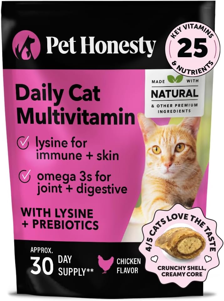 Pet Honesty Cat Multivitamin Chews – Crunchy & Creamy Treats for Health, Immune, Joint, Skin & Coat, & Digestion – Omega 3s, Lysine & Probiotics (30 Day Supply)
