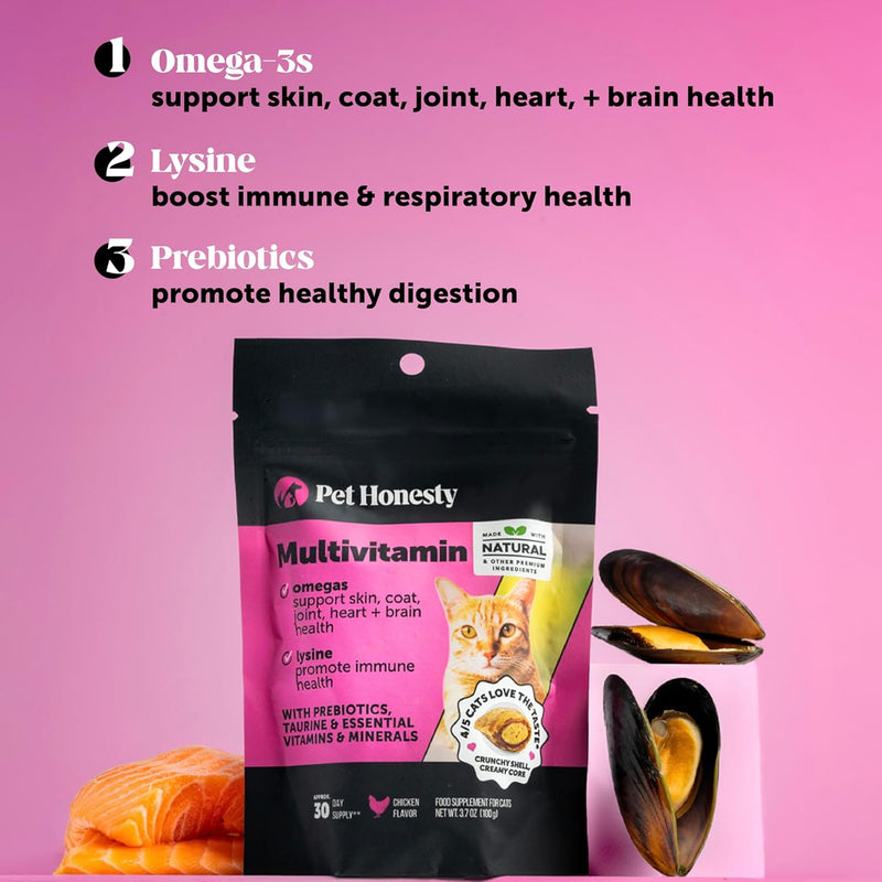 Pet Honesty Cat Multivitamin Chews – Crunchy & Creamy Treats for Health, Immune, Joint, Skin & Coat, & Digestion – Omega 3s, Lysine & Probiotics (30 Day Supply)