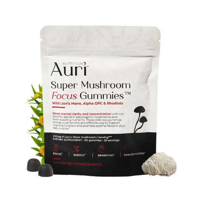 Auri® Super Mushroom Focus Gummies – Lion’s Mane, Alpha GPC & Rhodiola | Cognitive Function, Mental Clarity & Focus Support | 60 Vegan Gummies
