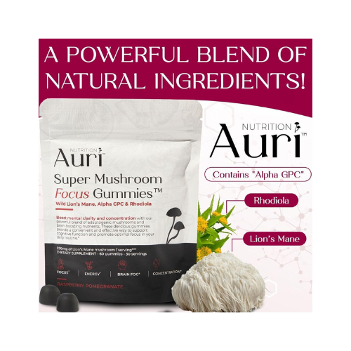 Auri® Super Mushroom Focus Gummies – Lion’s Mane, Alpha GPC & Rhodiola | Cognitive Function, Mental Clarity & Focus Support | 60 Vegan Gummies