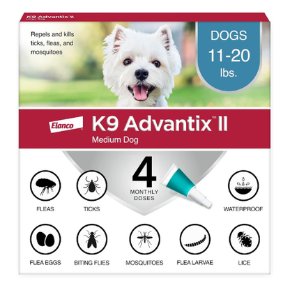 K9 Advantix II Flea, Tick & Mosquito Prevention for Medium Dogs (11–20 lbs) – 4 Month Supply