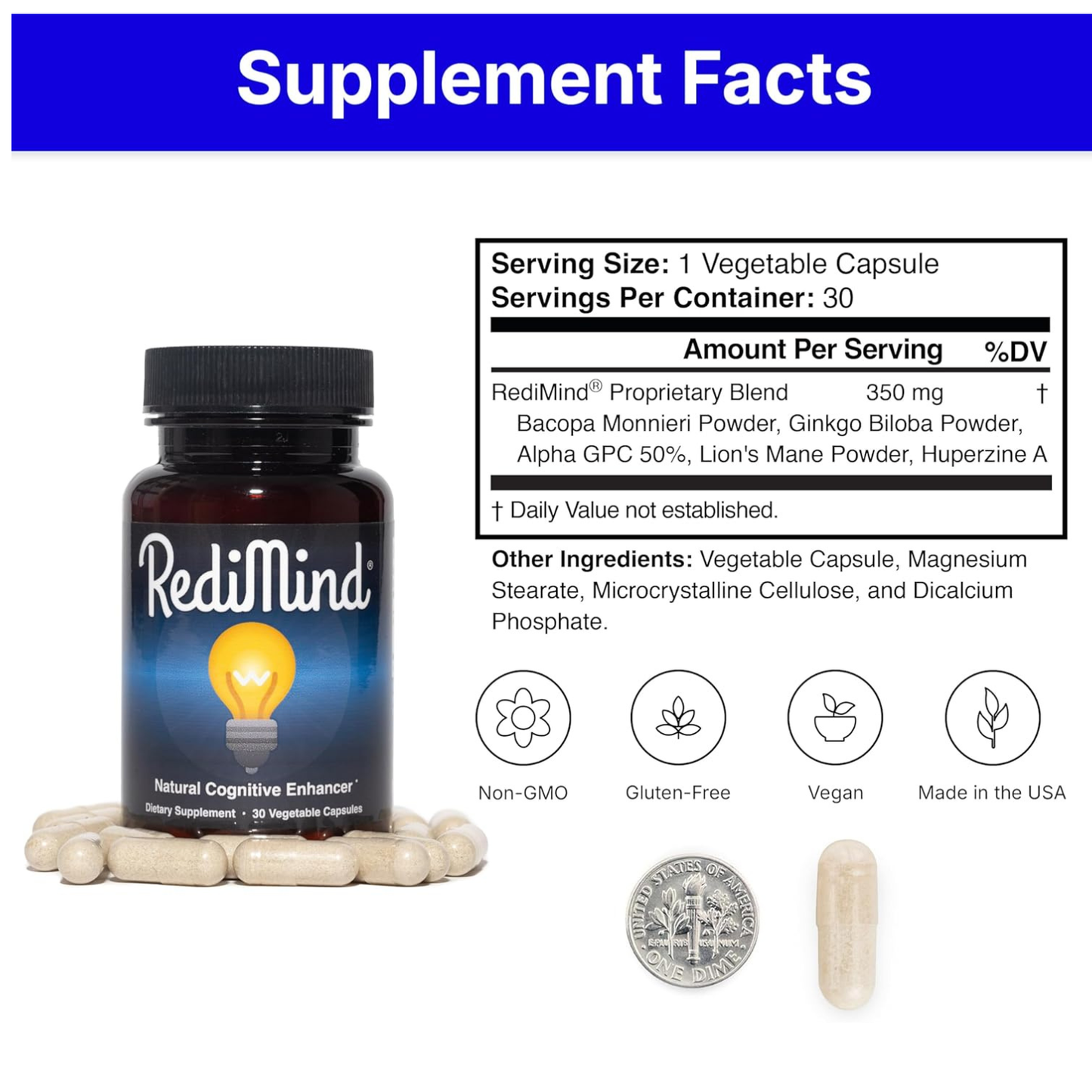Redimind Natural Cognitive Support Capsules – Vegan, Non-GMO, Gluten-Free Nootropic Supplement (30 Count)