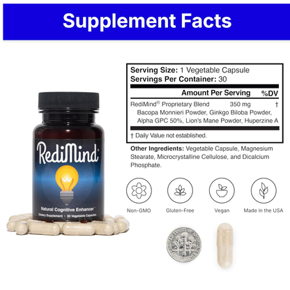 Redimind Natural Cognitive Support Capsules – Vegan, Non-GMO, Gluten-Free Nootropic Supplement (30 Count)